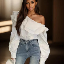 Load image into Gallery viewer, Vintage Ruffled Off Shoulder White Shirt