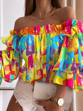 Load image into Gallery viewer, Off  The Shoulder Flirty Ruffled Trim Shirring Blouse