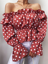 Load image into Gallery viewer, Off  The Shoulder Flirty Ruffled Trim Shirring Blouse