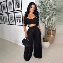 Load image into Gallery viewer, Crop Camisole and High Waisted Drawstring Wide Leg Pants Set
