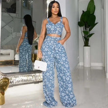 Load image into Gallery viewer, Floral Print Denim Two Piece Pants Set
