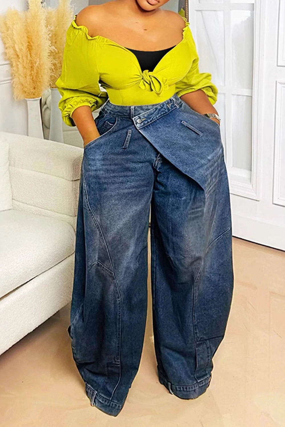 Women Loose Denim Jeans With Asymmetric Button