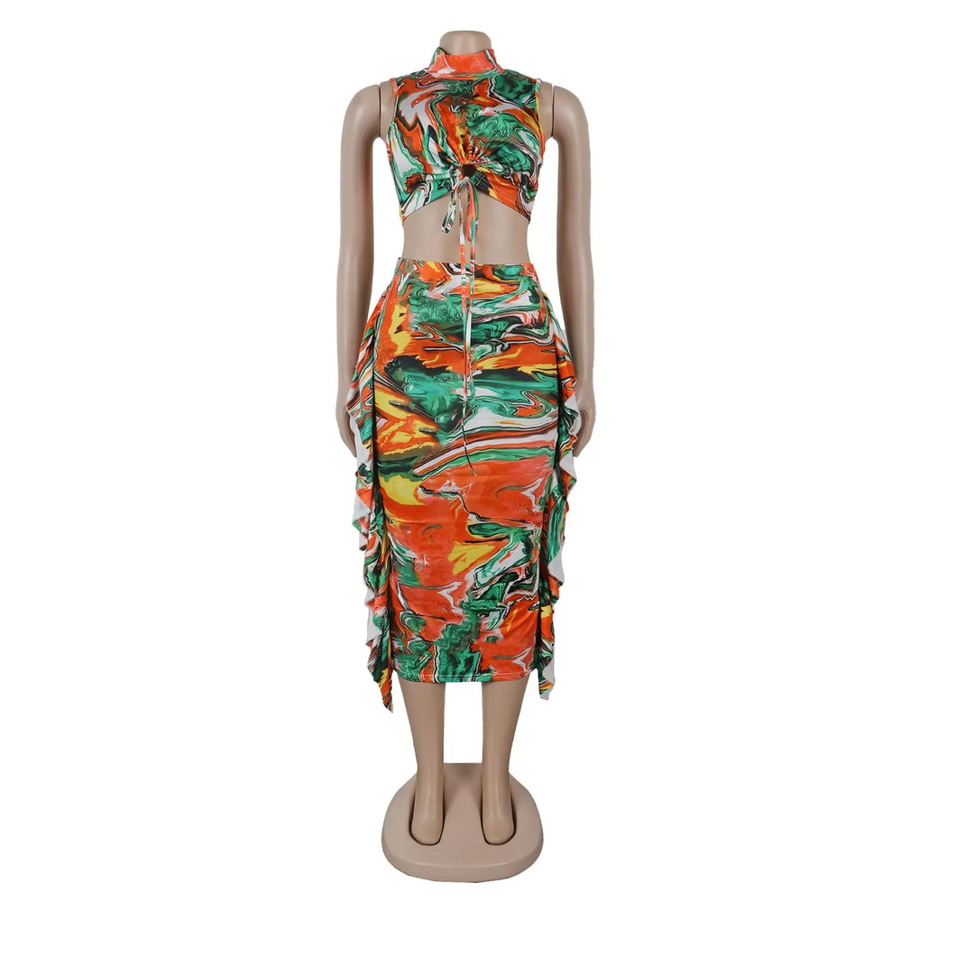 Two Piece Marble Design Skirt Set