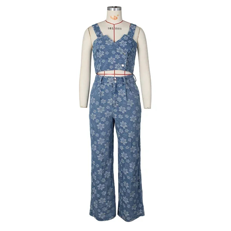 Floral Print Denim Two Piece Pants Set