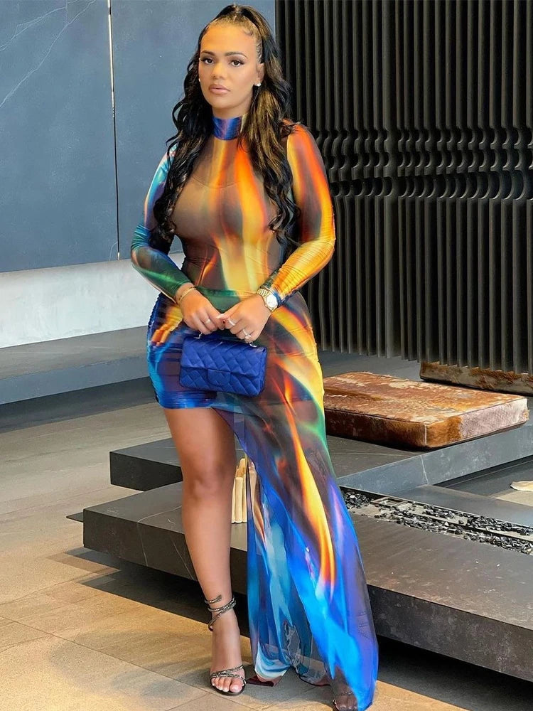 Multi Color Long Sleeve Irregular Sexy Slim Mini Dress