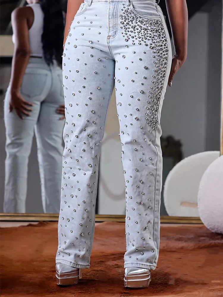 Women's High Waist  Beading Jeans