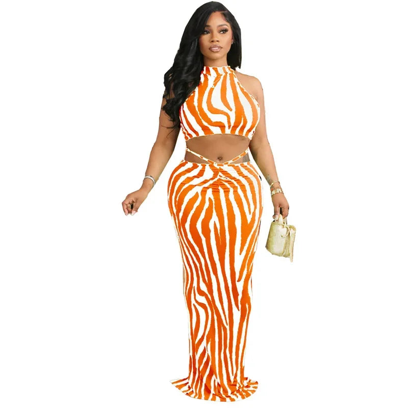 Two Piece Zebra Striped Print Maxi Dress Sets
