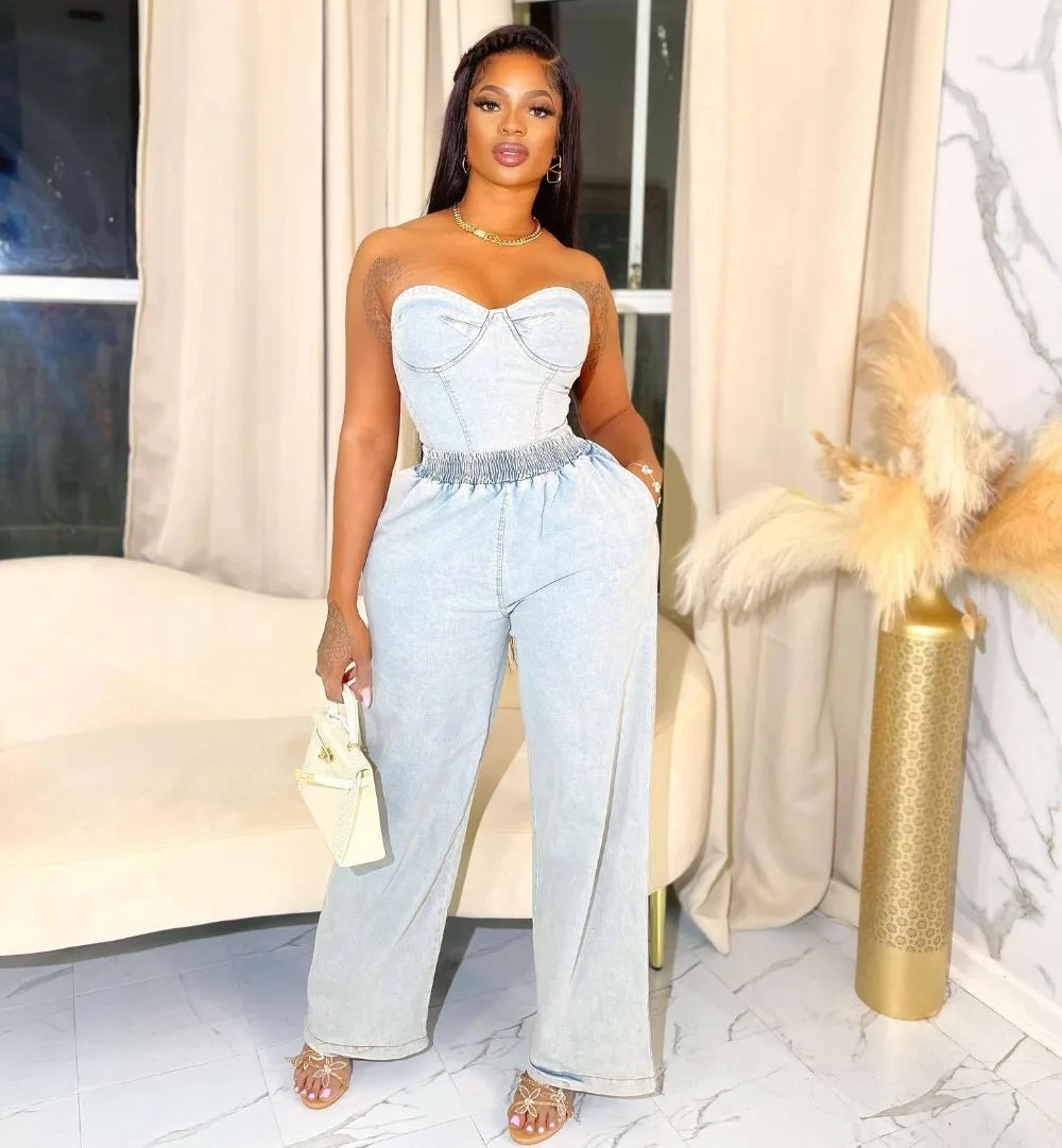 Denim Wide Leg Denim Pants Sets