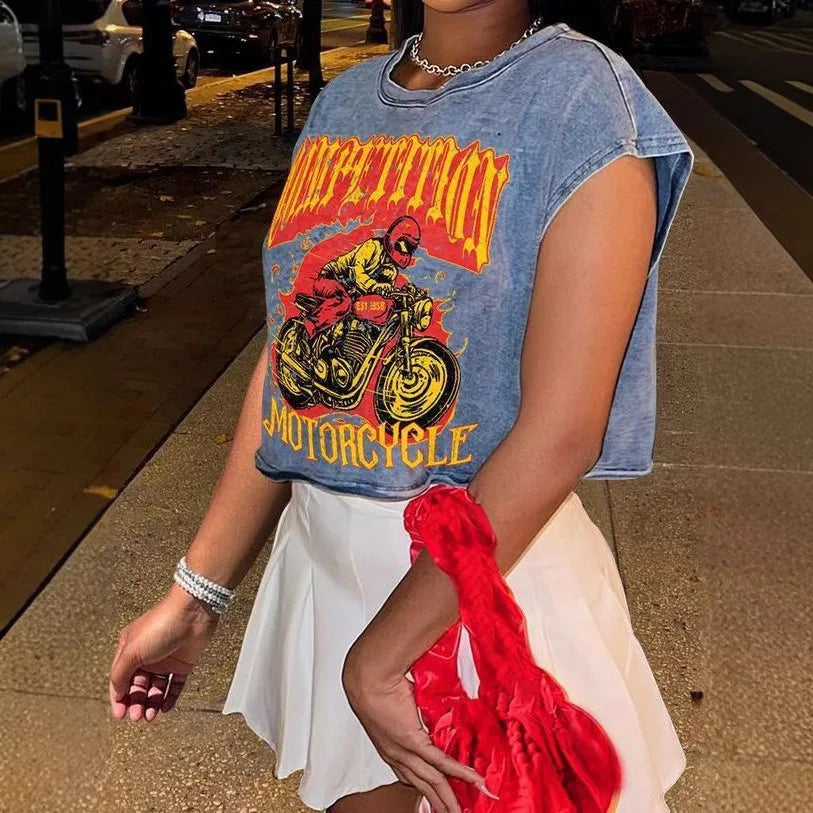 Cropped Motorcycle Sleeveless Graphic Tee