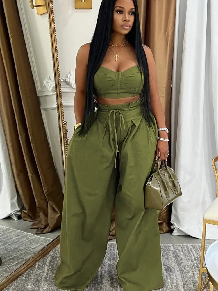 Crop Camisole and High Waisted Drawstring Wide Leg Pants Set