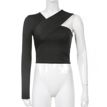 Load image into Gallery viewer, Asymmetrical V Neck One-Shoulder Solid Fitted Crop Top
