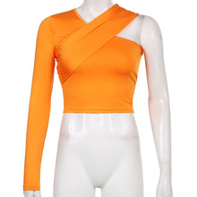Load image into Gallery viewer, Asymmetrical V Neck One-Shoulder Solid Fitted Crop Top
