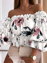 Load image into Gallery viewer, Off  The Shoulder Flirty Ruffled Trim Shirring Blouse
