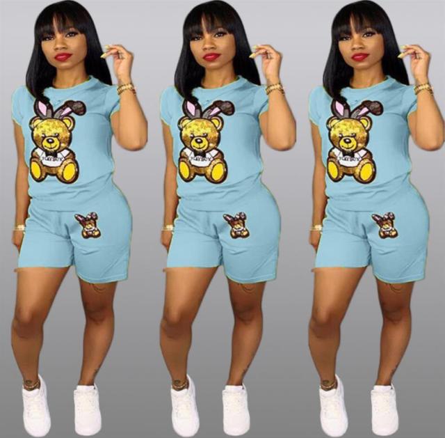 Sequin Cartoon Two Piece Short plus size sets Women Casual Tracksuit Summer Fashion Tops Short Pants Sequin 2 piece Outfit Q5090