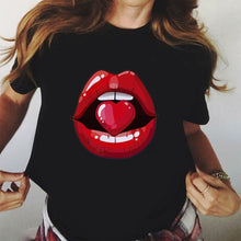 Load image into Gallery viewer, Women Red Mouth Lip Kiss Printed Girl Black Tshirt Summer Funny Leopard Graphic Tee Shirt Femme Vogue Harajuku T Shirt,Drop Ship
