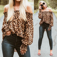 Load image into Gallery viewer, Ruffle Neck Off Shoulder Leopard Blouse
